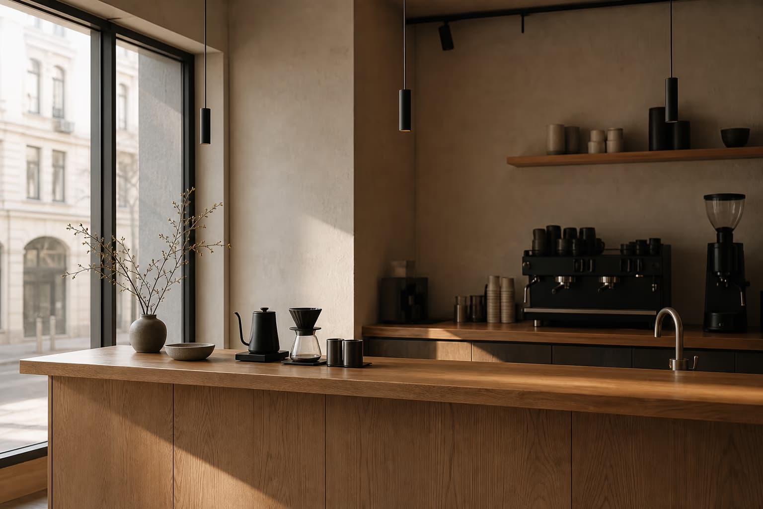 Café-bardisk i Malmö i morgonljus, ren träyta, inga gäster.